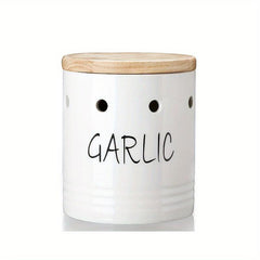 Ceramic Garlic Keeper with Wood Lid - Small Garlic Holder