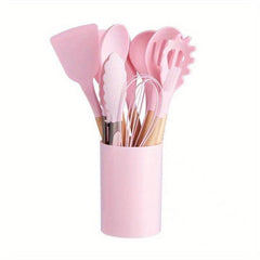 12pcs Silicone Utensil Set Cooking Non Stick Wooden Handle Storage Bucket