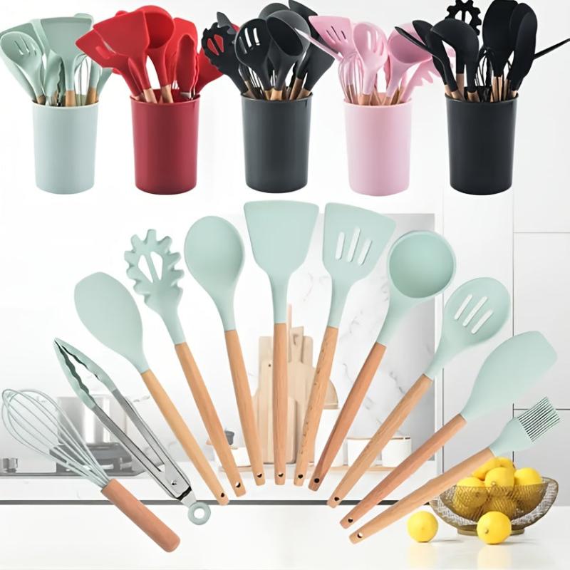 12pcs Silicone Utensil Set Cooking Non Stick Wooden Handle Storage Bucket