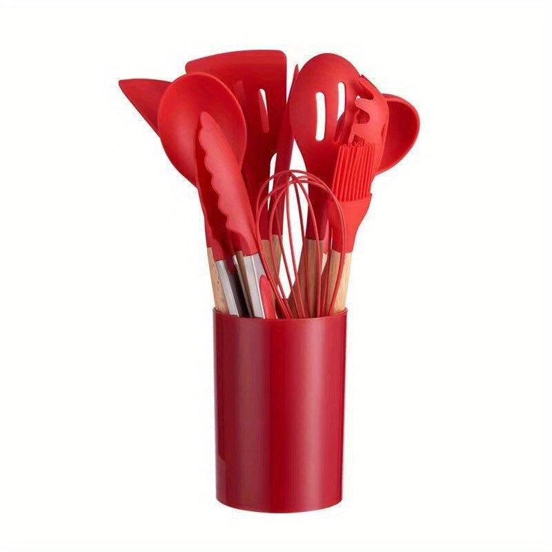 12pcs Silicone Utensil Set Cooking Non Stick Wooden Handle Storage Bucket