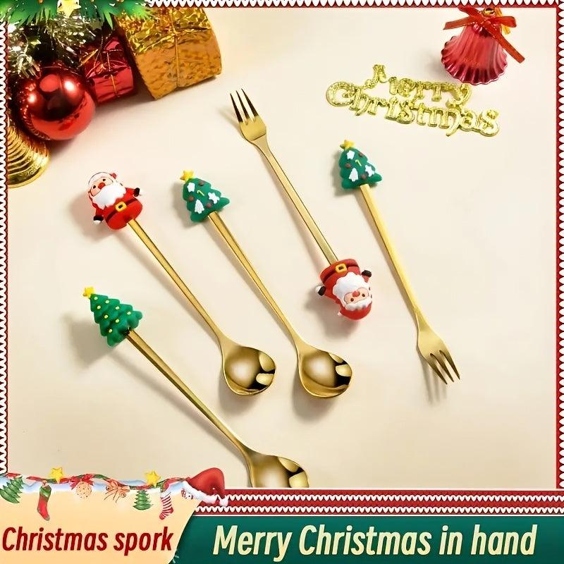 6pcs Christmas Spoon Fork Set Stainless Steel Kitchen Dessert Coffee