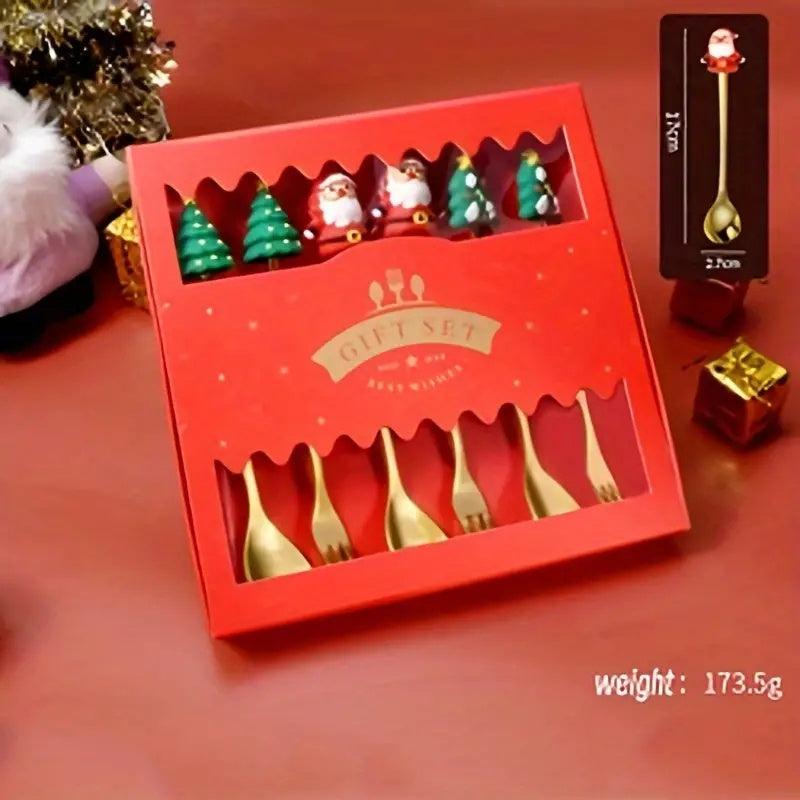 6pcs Christmas Spoon Fork Set Stainless Steel Kitchen Dessert Coffee