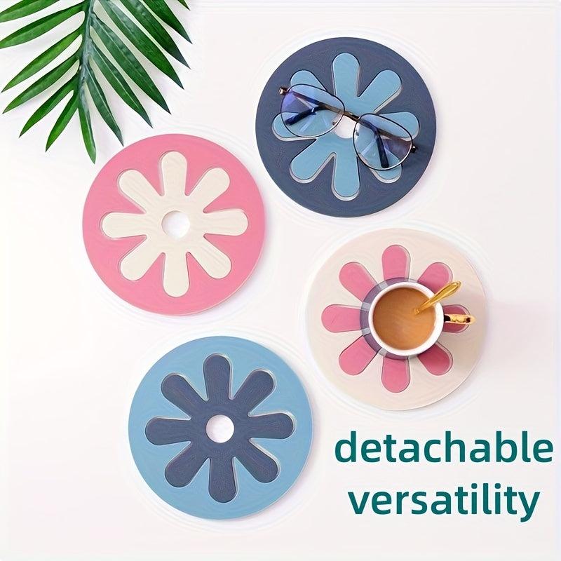 4pcs Silicone Coasters Kitchen Floral Pattern Table Mat Waterproof Heat Resistan
