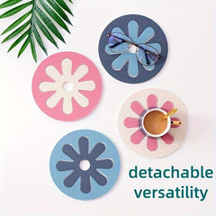 4pcs Silicone Coasters Kitchen Floral Pattern Table Mat Waterproof Heat Resistan