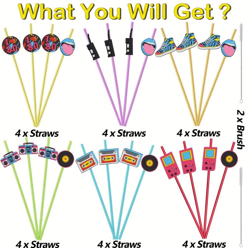 24pcs 80s Theme Reusable Straws for Family Gatherings & Parties