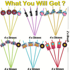 24pcs 80s Theme Reusable Straws for Family Gatherings & Parties