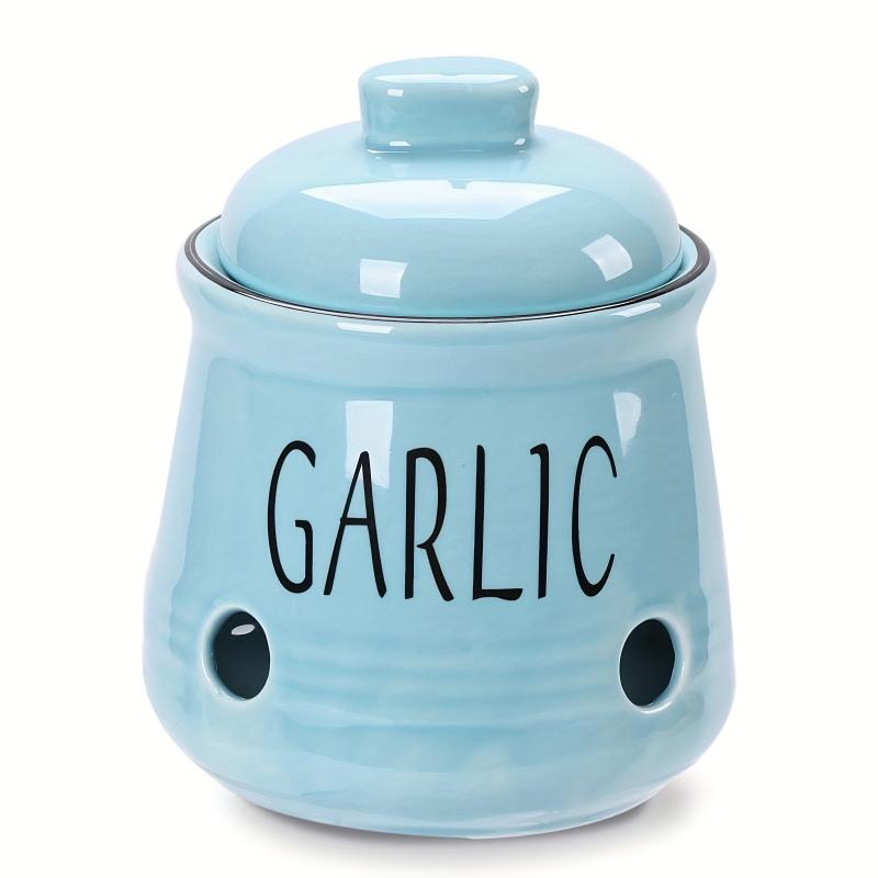 Ceramic Garlic Keeper with Bamboo Lid - Countertop Garlic Storage