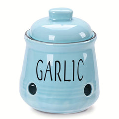 Ceramic Garlic Keeper with Bamboo Lid - Countertop Garlic Storage