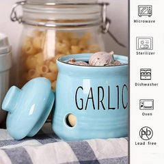 Ceramic Garlic Keeper with Bamboo Lid - Countertop Garlic Storage