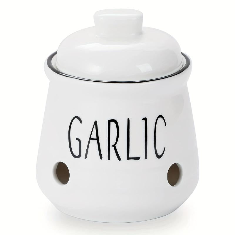 Ceramic Garlic Keeper with Bamboo Lid - Countertop Garlic Storage