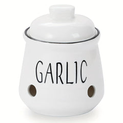 Ceramic Garlic Keeper with Bamboo Lid - Countertop Garlic Storage