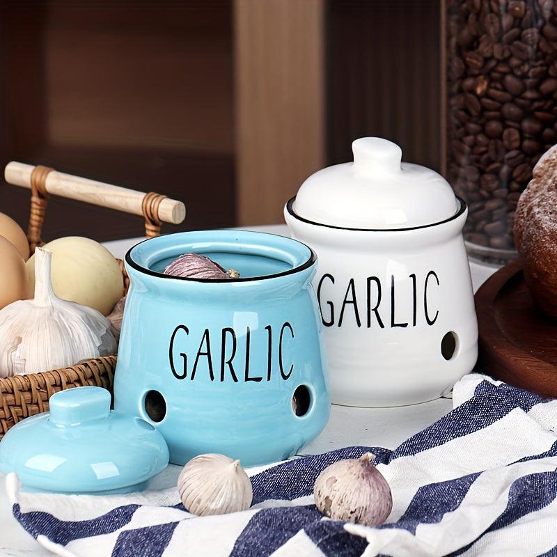 Ceramic Garlic Keeper with Bamboo Lid - Countertop Garlic Storage