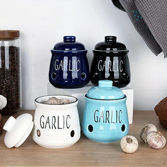 Ceramic Garlic Keeper with Bamboo Lid - Countertop Garlic Storage
