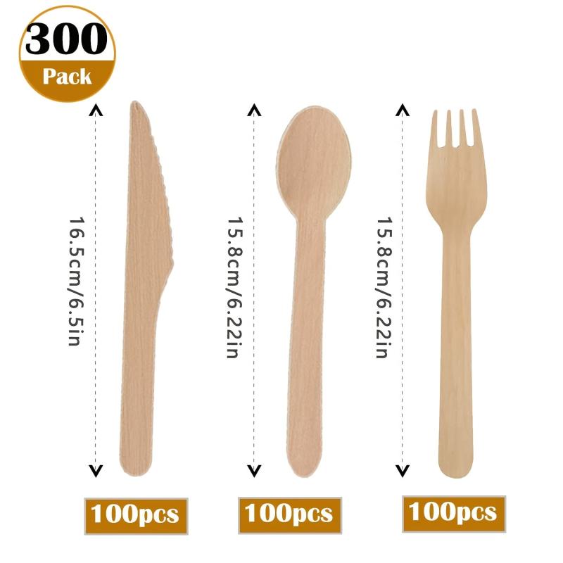 300pcs Disposable Wooden Cutlery Set - Wooden Fork, Spoon, Cutlery