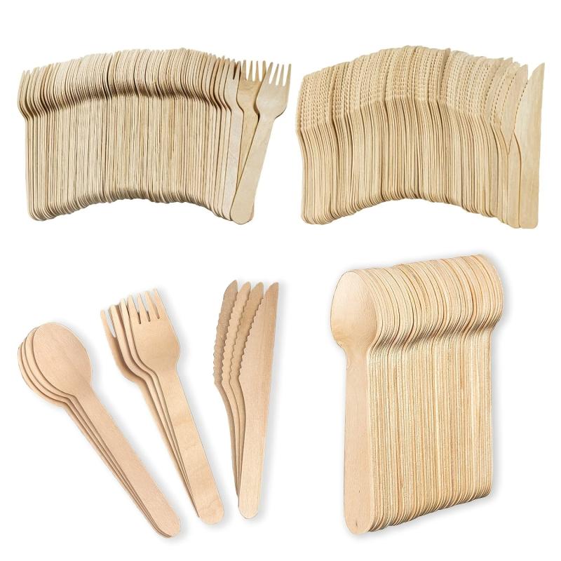 300pcs Disposable Wooden Cutlery Set - Wooden Fork, Spoon, Cutlery
