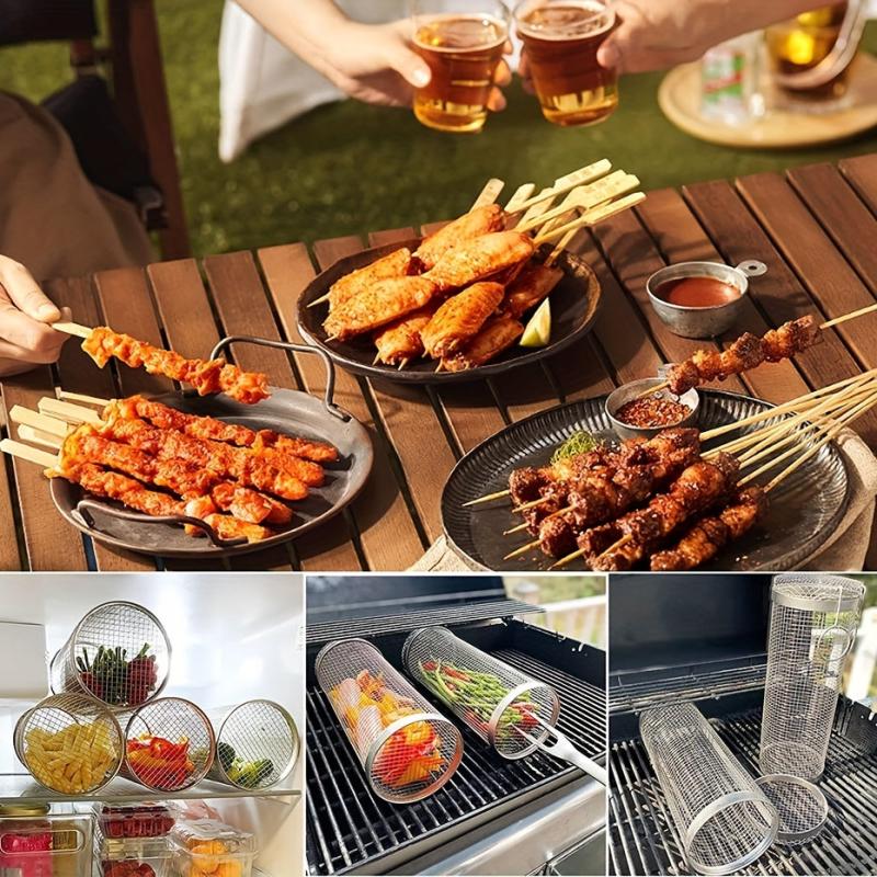 Stainless Steel Rolling BBQ Basket Portable Outdoor Camping Grill