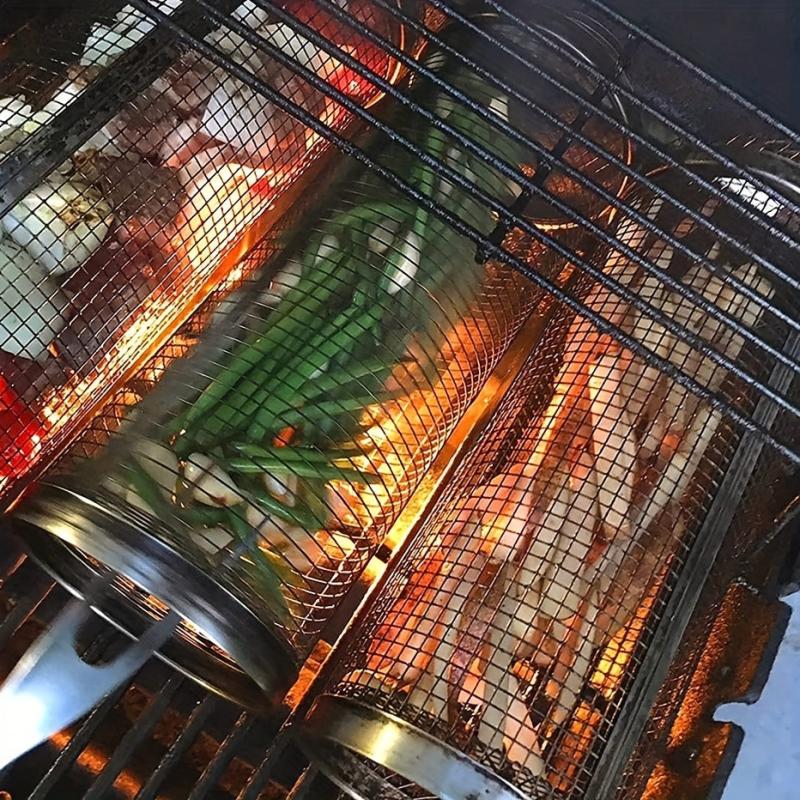 Stainless Steel Rolling BBQ Basket Portable Outdoor Camping Grill