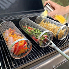 Stainless Steel Rolling BBQ Basket Portable Outdoor Camping Grill