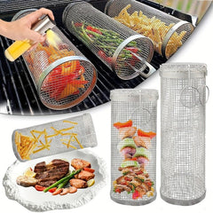 Stainless Steel Rolling BBQ Basket Portable Outdoor Camping Grill