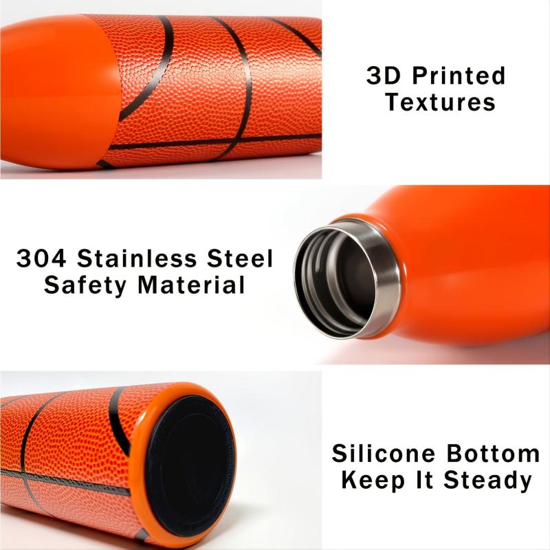 Stainless Steel Insulated Sports Bottle w/ Basketball Texture - Outdoor & Sports