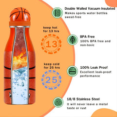 Stainless Steel Insulated Sports Bottle w/ Basketball Texture - Outdoor & Sports