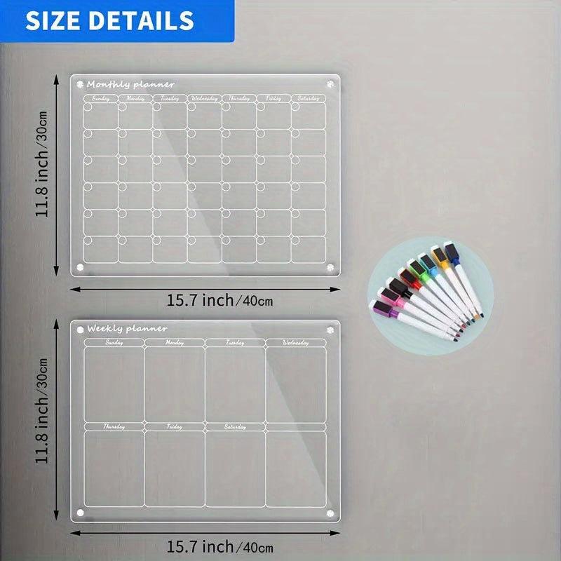 2 Sets Dry Erase Fridge Magnetic Calendar - Acrylic Magnetic Monthly/Weekly