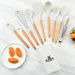 11pcs Silicone Cooking Utensils Set with Wooden Handle