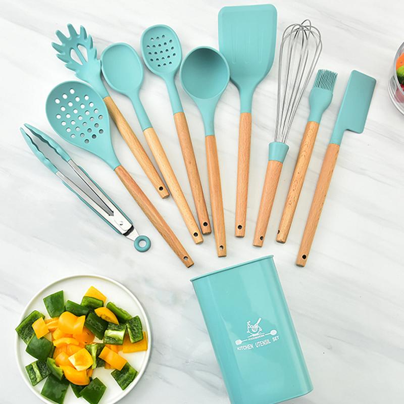 11pcs Silicone Cooking Utensils Set with Wooden Handle