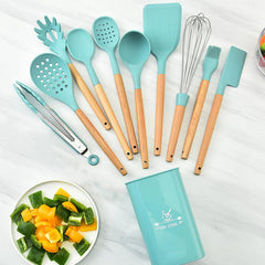 11pcs Silicone Cooking Utensils Set with Wooden Handle