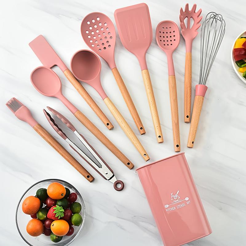 11pcs Silicone Cooking Utensils Set with Wooden Handle