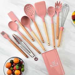 11pcs Silicone Cooking Utensils Set with Wooden Handle
