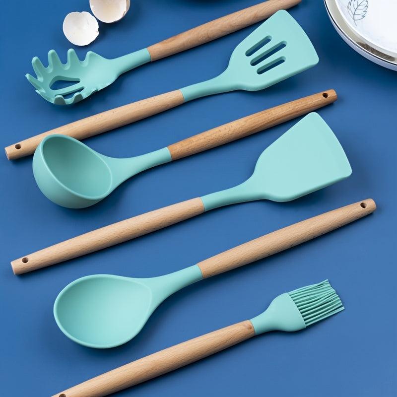 12pcs Silicone Spatula Set Wooden Handle with Holder BPA Free