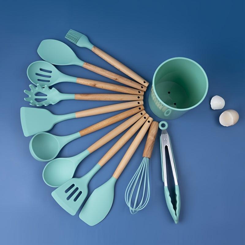 12pcs Silicone Spatula Set Wooden Handle with Holder BPA Free
