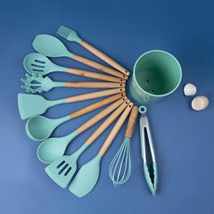12pcs Silicone Spatula Set Wooden Handle with Holder BPA Free