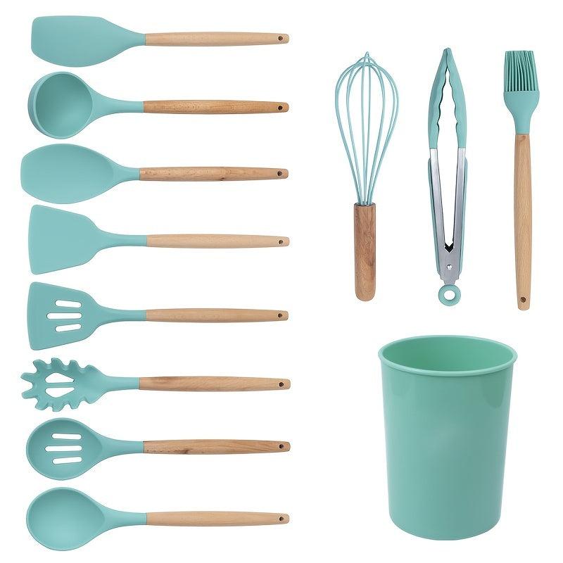 12pcs Silicone Spatula Set Wooden Handle with Holder BPA Free
