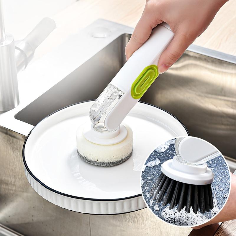 Dish Brush With Soap Dispenser Handle and 2 Brush Heads for Cleaning