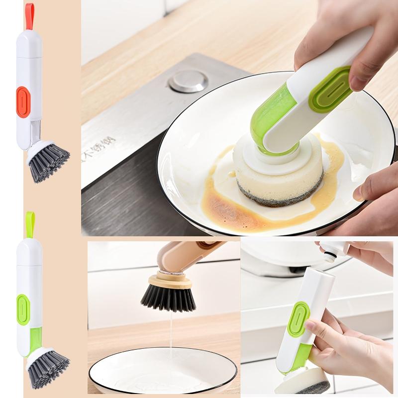 Dish Brush With Soap Dispenser Handle and 2 Brush Heads for Cleaning
