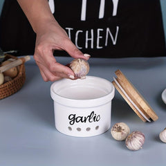 Small Ceramic Garlic Keeper with Wood Lid - Storage Container for Counters
