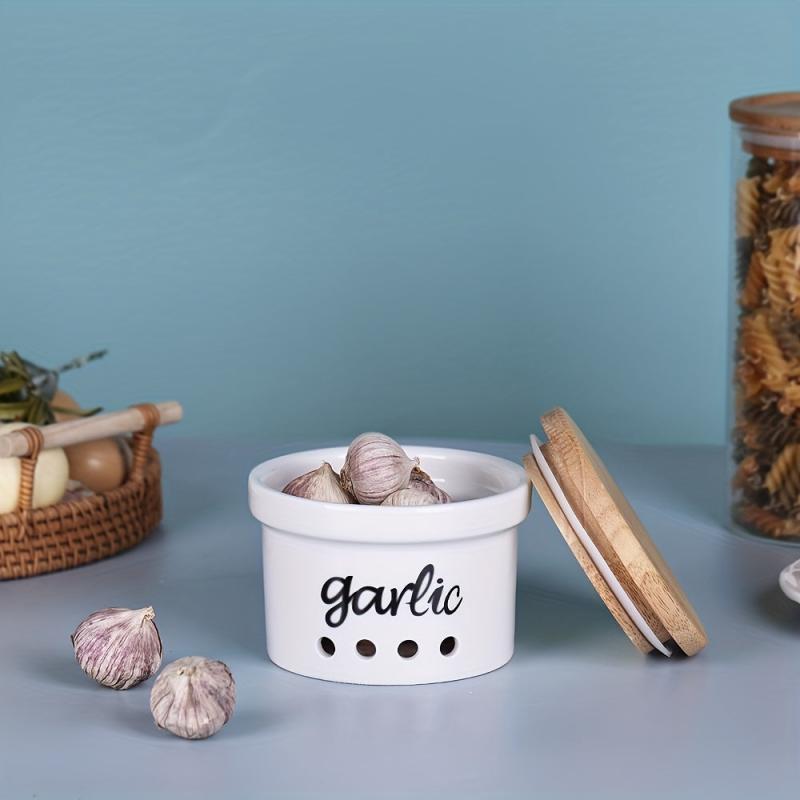 Small Ceramic Garlic Keeper with Wood Lid - Storage Container for Counters