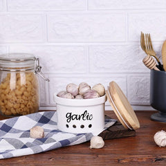 Small Ceramic Garlic Keeper with Wood Lid - Storage Container for Counters