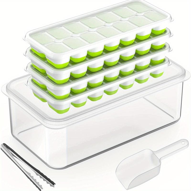 4 Pack Ice Cube Tray with Lid and Bin - Silicone & Plastic Ice Cube Trays