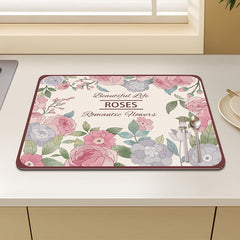 Flower Pattern Dish Drying Mat Non Slip Absorbent Coffee Machine Mat