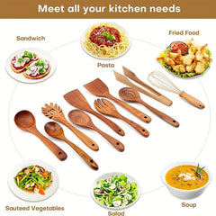 10pcs Non Stick Wooden Utensil Set Cooking Turner Spatula Spoon Whisk