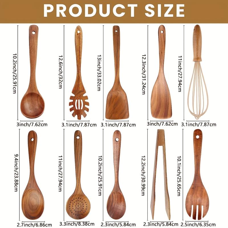 10pcs Non Stick Wooden Utensil Set Cooking Turner Spatula Spoon Whisk