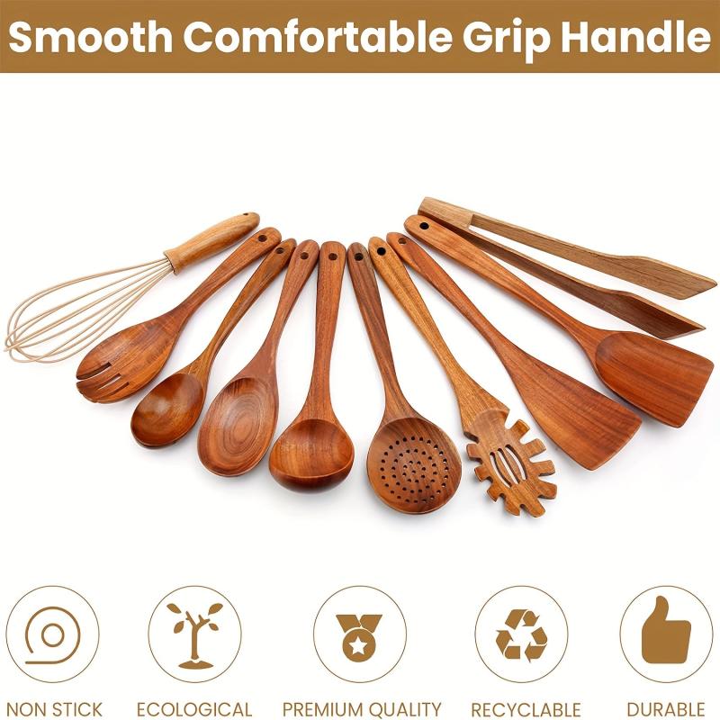 10pcs Non Stick Wooden Utensil Set Cooking Turner Spatula Spoon Whisk