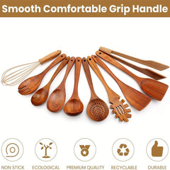 10pcs Non Stick Wooden Utensil Set Cooking Turner Spatula Spoon Whisk