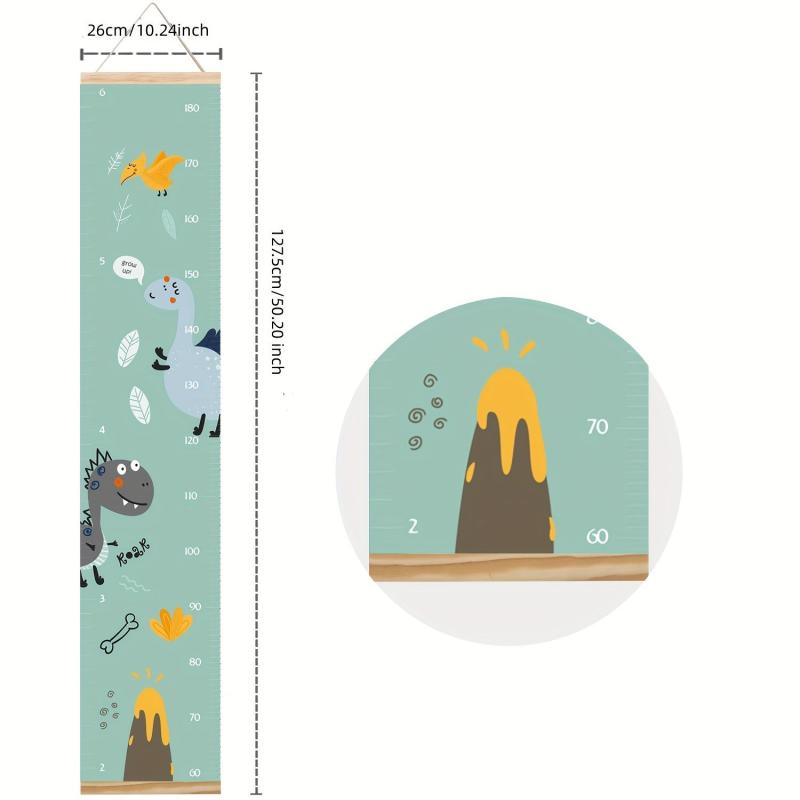 Dinosaur Kids Growth Chart Wood Frame Fabric Canvas Height Measurement Ruler