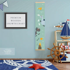 Dinosaur Kids Growth Chart Wood Frame Fabric Canvas Height Measurement Ruler