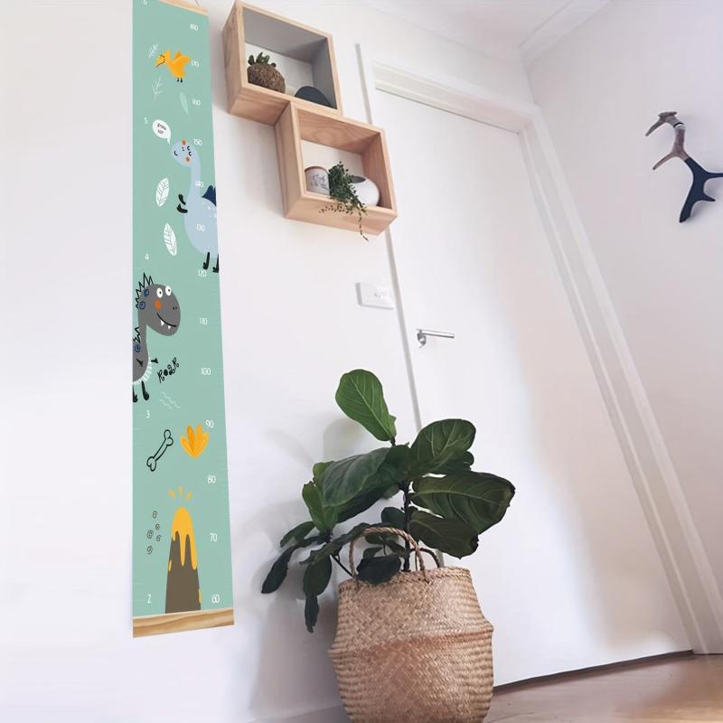 Dinosaur Kids Growth Chart Wood Frame Fabric Canvas Height Measurement Ruler