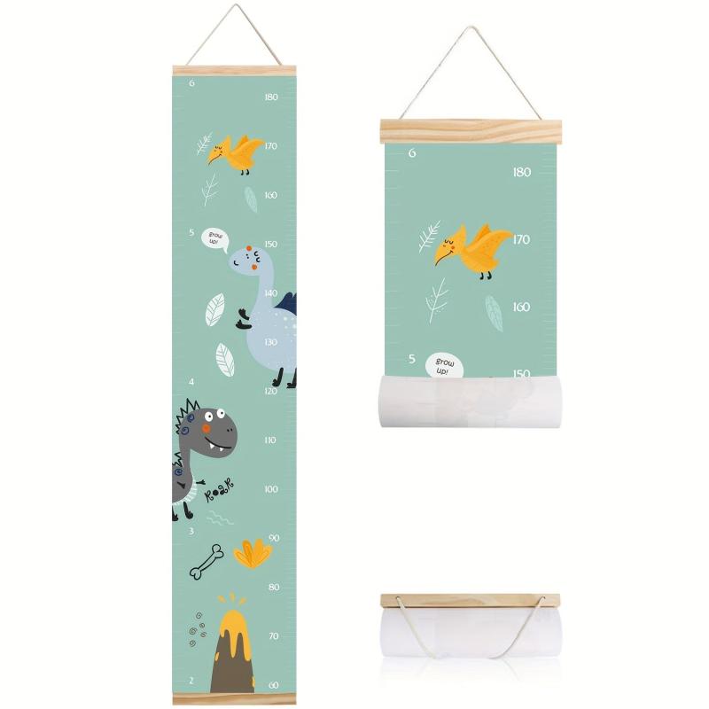 Dinosaur Kids Growth Chart Wood Frame Fabric Canvas Height Measurement Ruler
